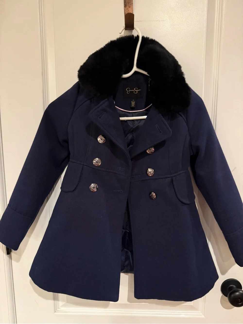 Jessica Simpson Navy Pea Coat with Black Faux-Fur Collar